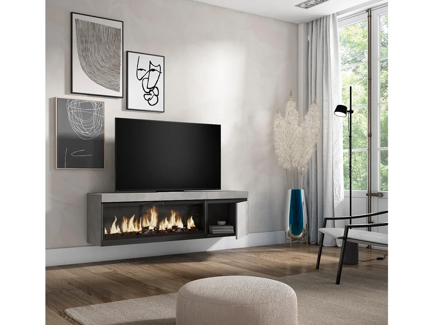 Móvel de TV, 158x35x45cm, Para televisores até 65", Lareira eléctrica XXL, Suspensos, Cimento