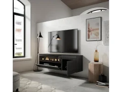Móvel de TV, 150x35x45cm, Para televisores até 65", Lareira eléctrica, Suspensos, Preto