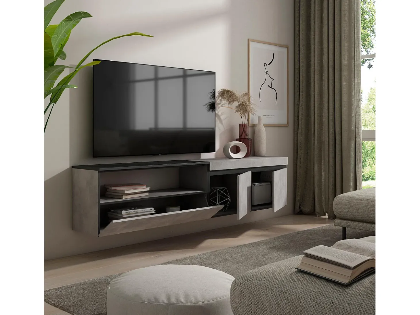 Móvel de TV, 200x35x45cm, Para televisores até 80", Suspensos, Cimento