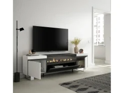 Móvel de TV, 200x35x57cm, Para televisores até 80", Lareira eléctrica, Design industrial, Branco e preto