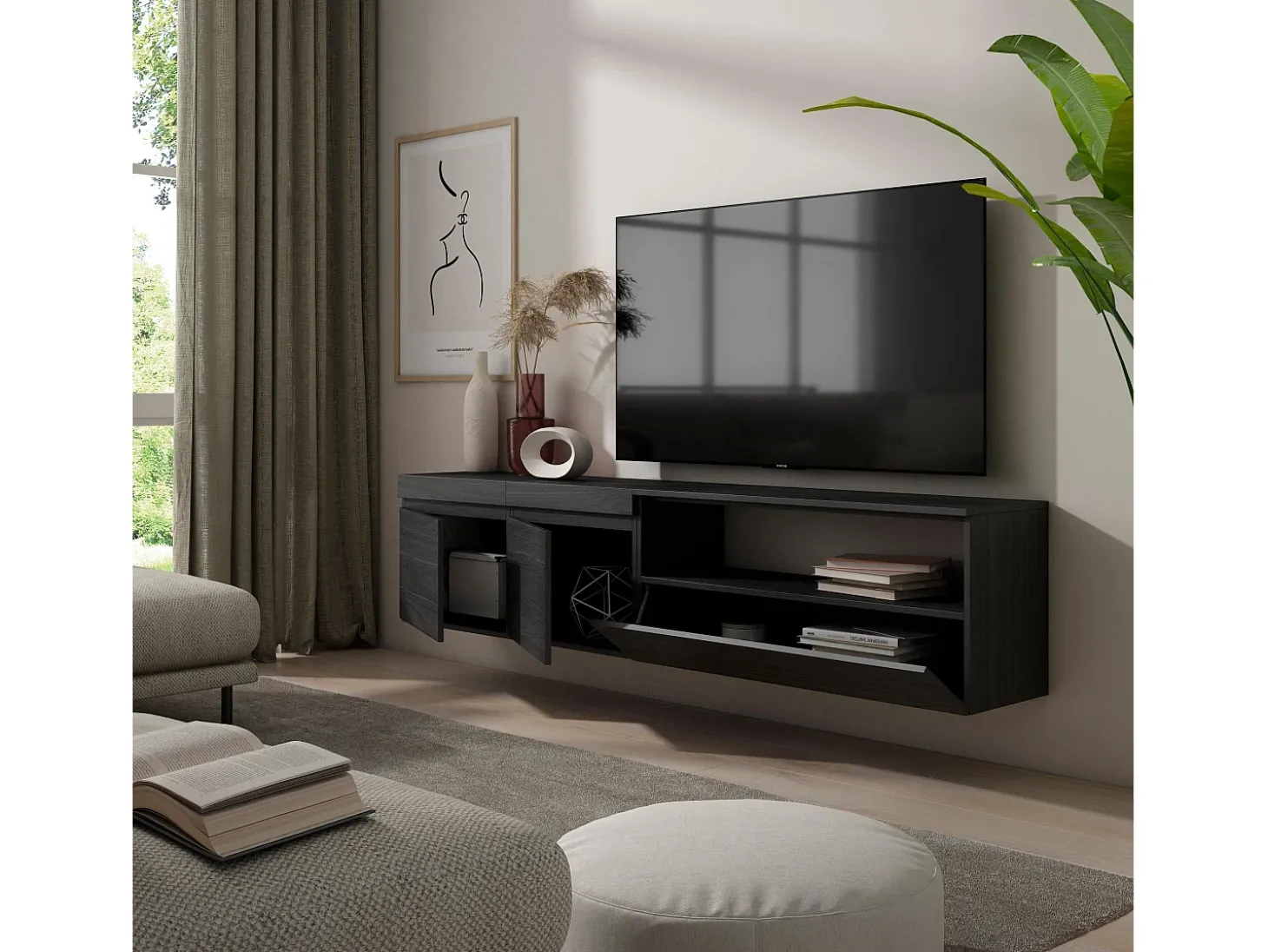 Móvel de TV, 200x35x45cm, Para televisores até 80", Suspensos, Preto