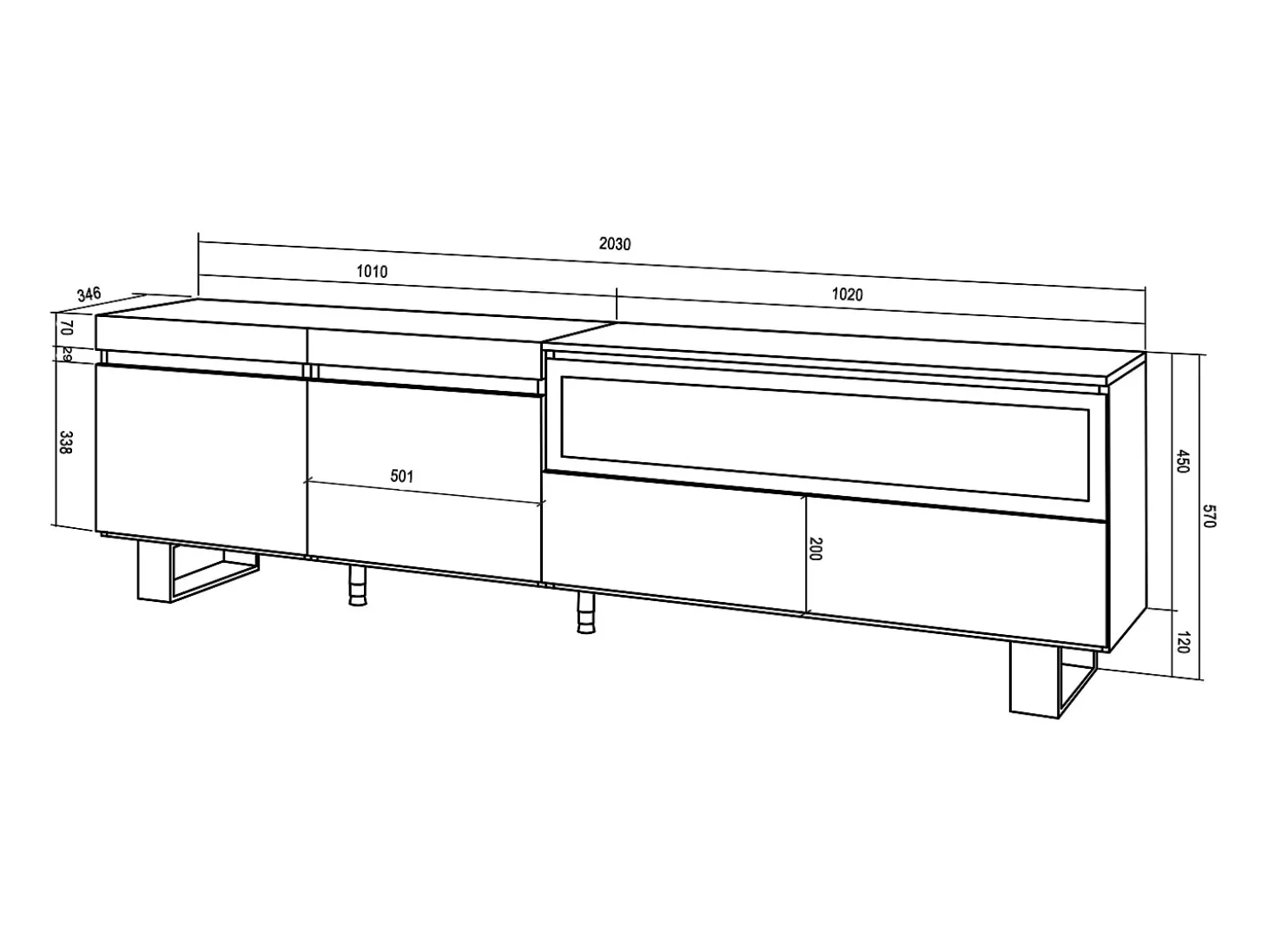 Móvel de TV, 200x35x57cm, Para televisores até 80", Lareira eléctrica, Design industrial, Branco e preto