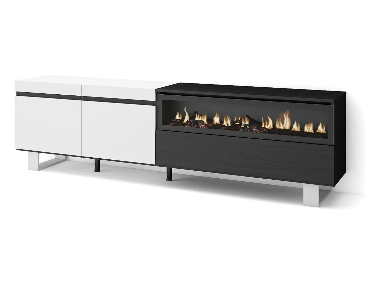 Móvel de TV, 200x35x57cm, Para televisores até 80", Lareira eléctrica, Design industrial, Branco e preto