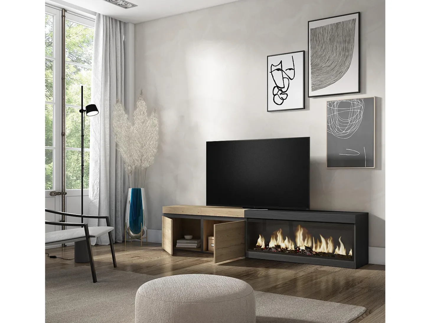 Móvel de TV, 208x35x45cm, Para televisores até 80", Lareira eléctrica XXL, Carvahlo e preto