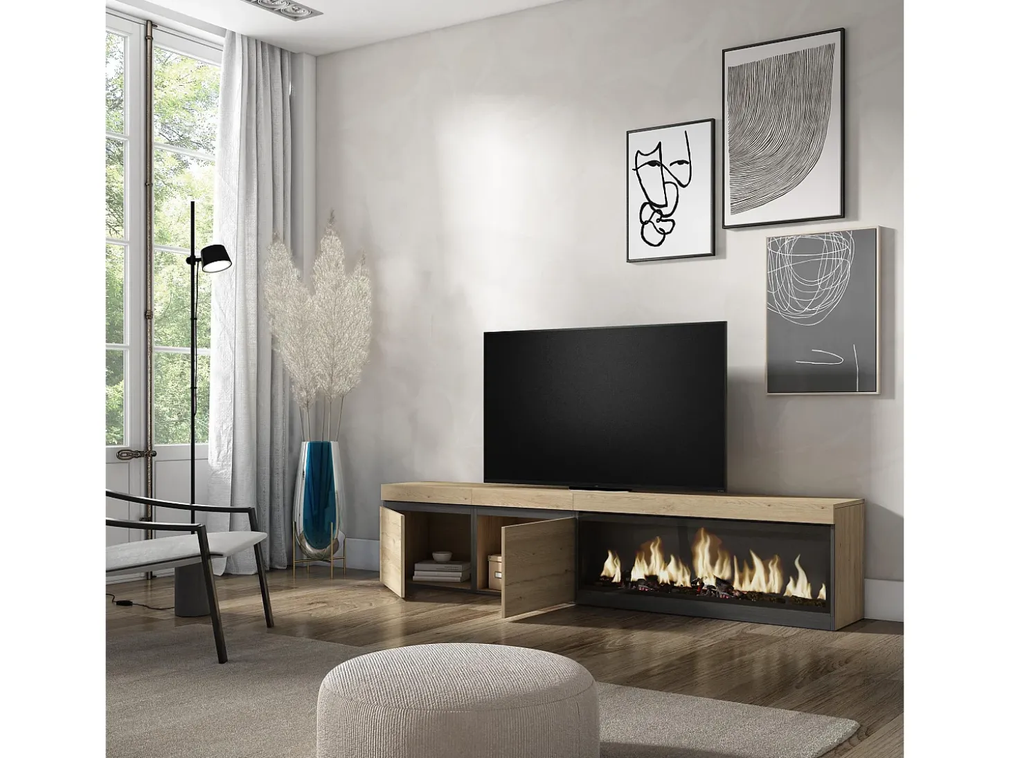 Móvel de TV, 208x35x45cm, Para televisores até 80", Lareira eléctrica XXL, Carvahlo