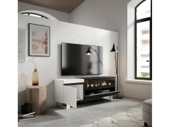 Móvel de TV, 150x35x57cm, Para televisores até 65", Lareira eléctrica, Design industrial, Branco e preto