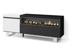 Móvel de TV, 150x35x57cm, Para televisores até 65", Lareira eléctrica, Design industrial, Branco e preto