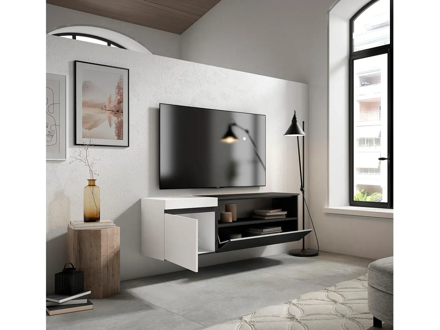 Móvel de TV, 150x35x45cm, Para televisores até 65", Suspensos, Branco e preto