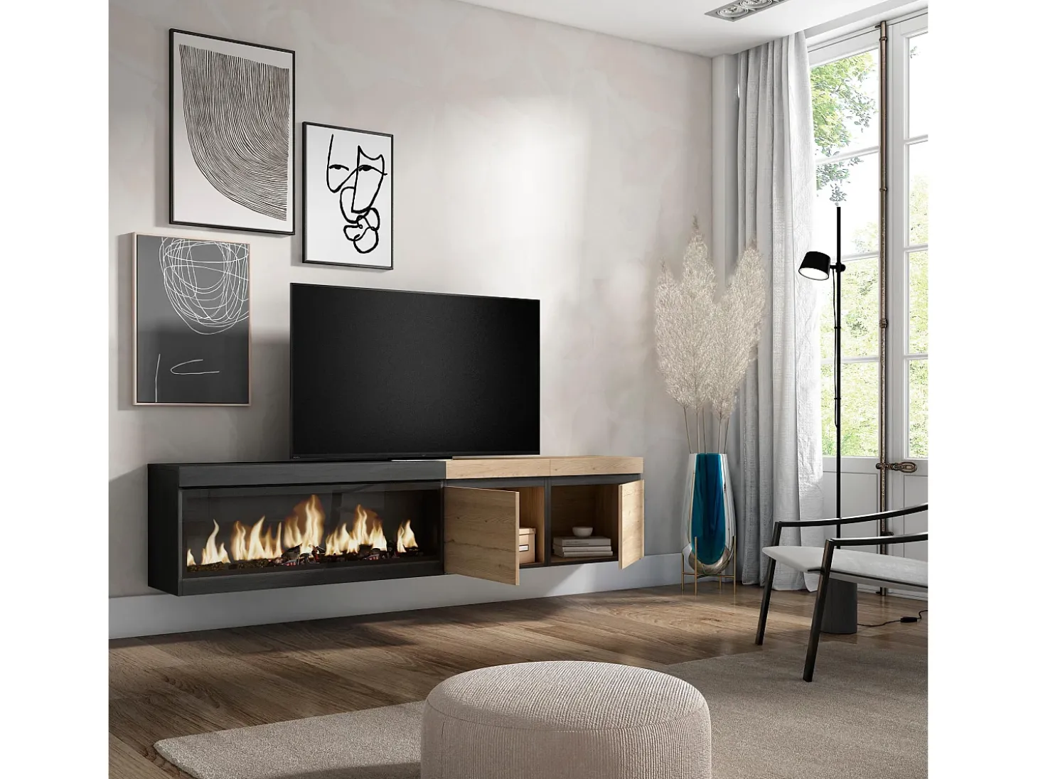 Móvel de TV, 208x35x45cm, Para televisores até 80", Lareira eléctrica XXL, Suspensos, Carvahlo e preto
