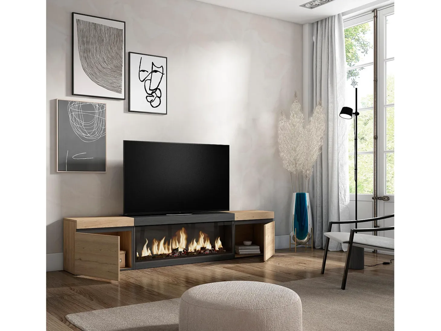Móvel de TV, 208x35x45cm, Para televisores até 80", Lareira eléctrica XXL, Carvahlo e preto