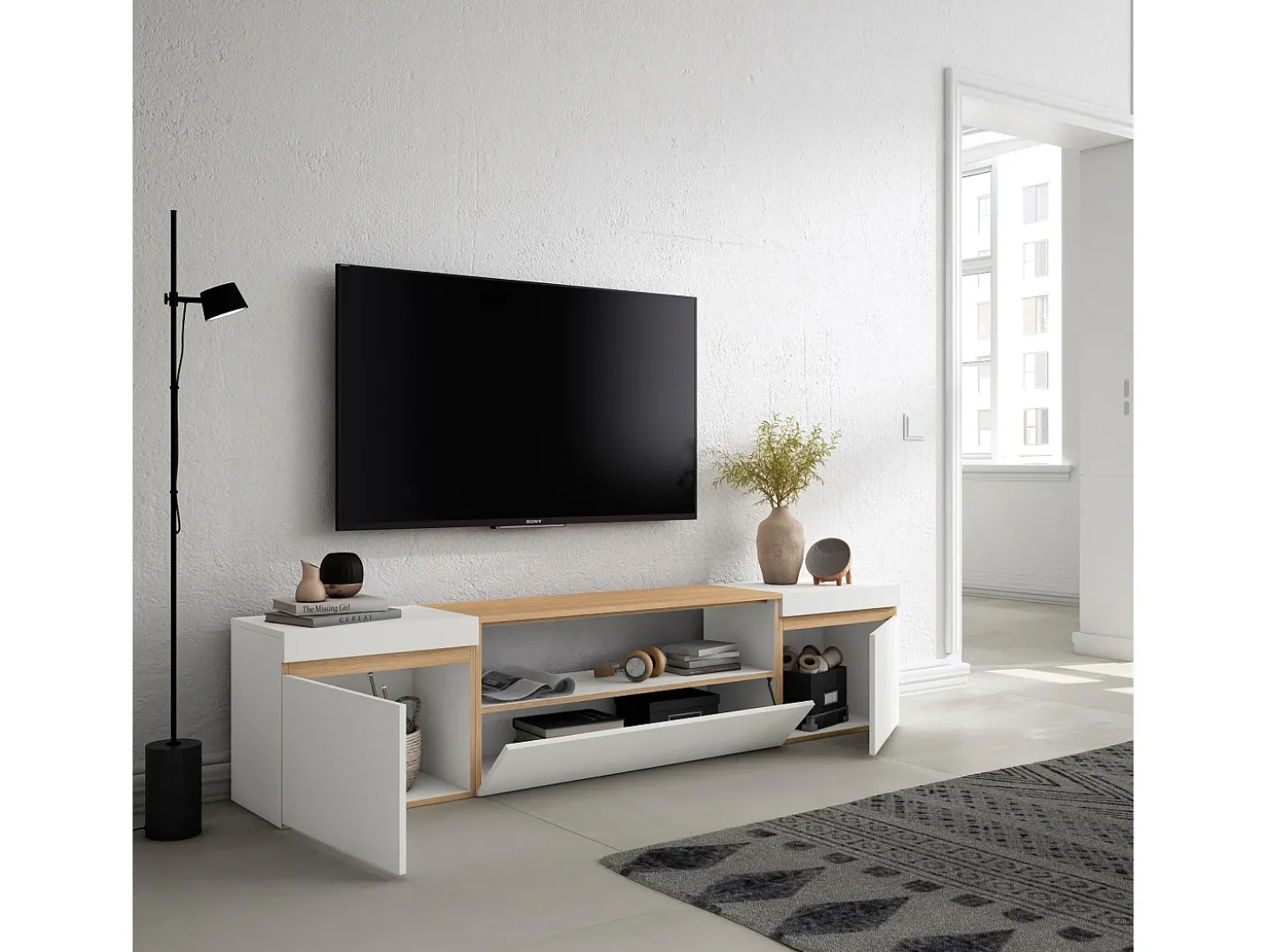 Móvel de TV, 200x35x45cm, Para televisores até 80", Estante para TV, Branco e Carvalho soft
