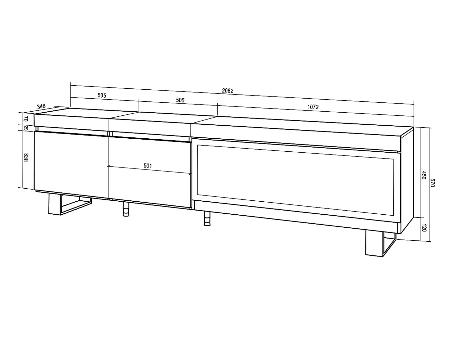 Móvel de TV, 208x35x57cm, Para televisores até 80", Lareira eléctrica XXL, Design industrial, Carvahlo