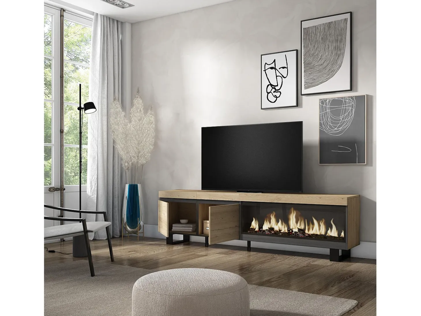 Móvel de TV, 208x35x57cm, Para televisores até 80", Lareira eléctrica XXL, Design industrial, Carvahlo