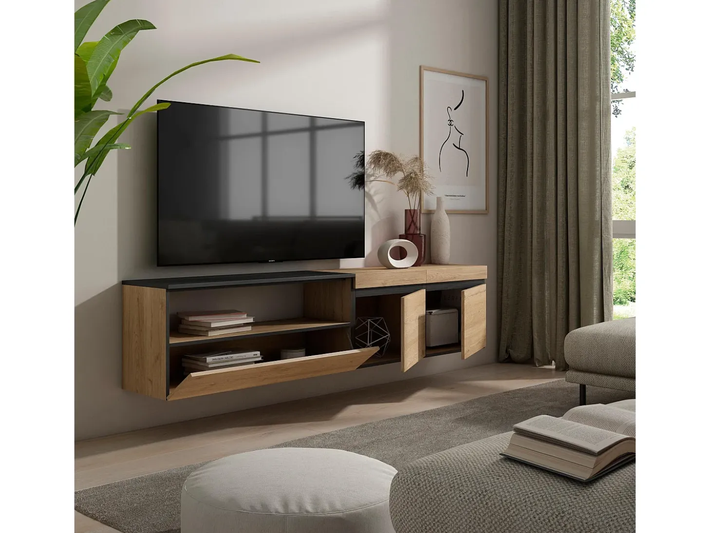 Móvel de TV, 200x35x45cm, Para televisores até 80", Suspensos, Carvahlo e preto
