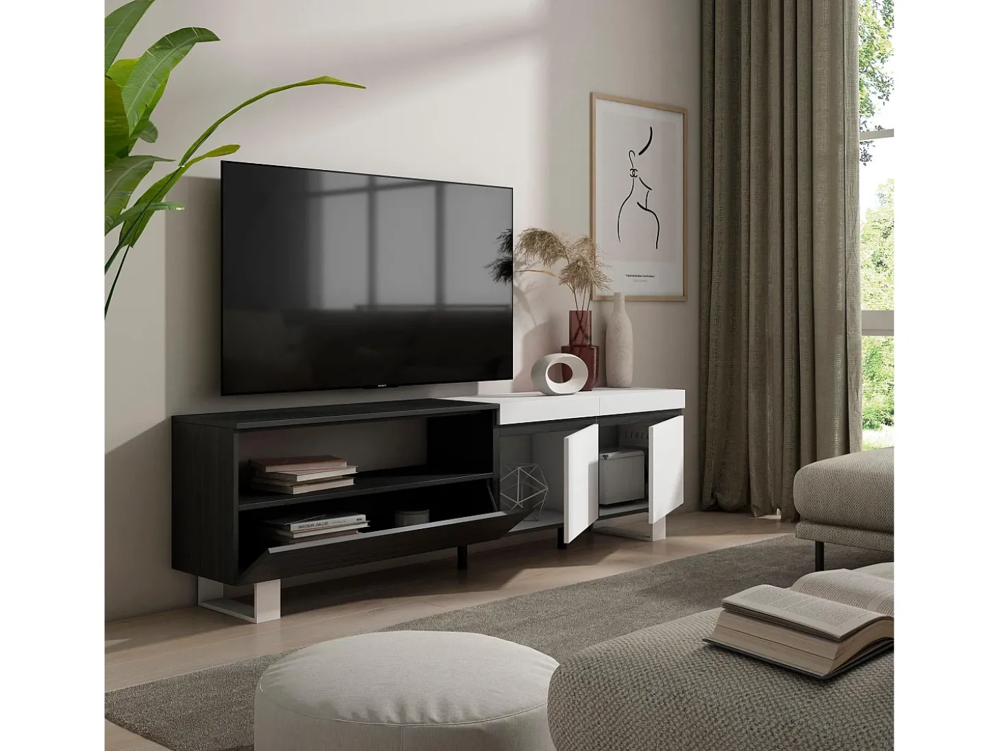 Móvel de TV, 200x35x57cm, Para televisores até 80", Design industrial, Branco e preto