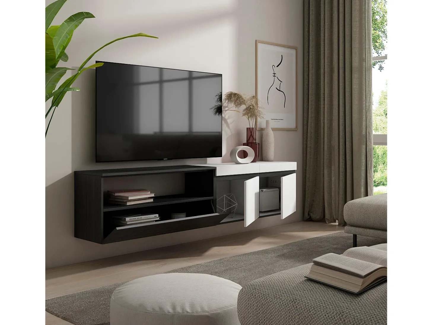 Móvel de TV, 200x35x45cm, Para televisores até 80", Suspensos, Branco e preto