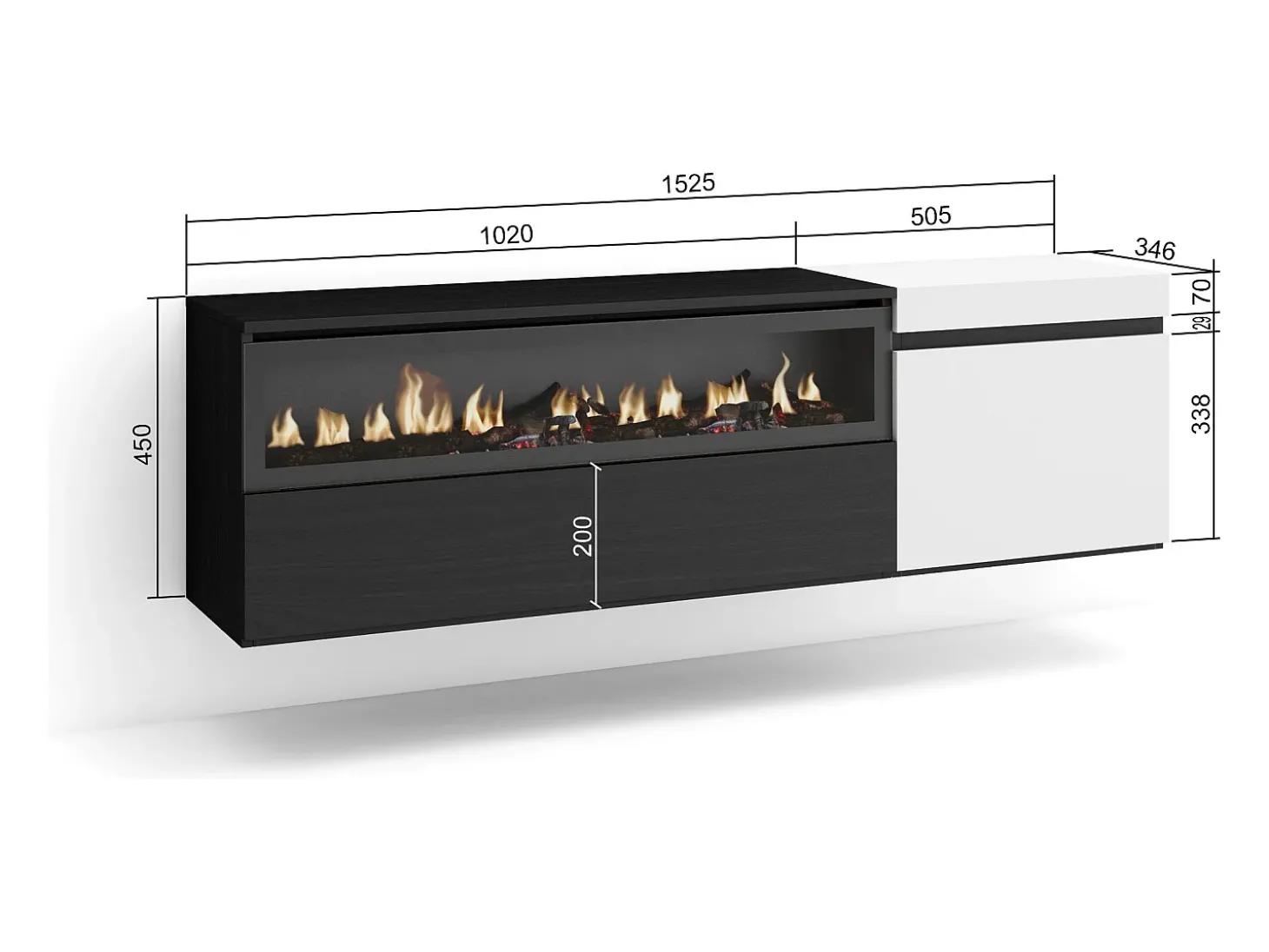 Móvel de TV, 150x35x45cm, Para televisores até 65", Lareira eléctrica, Suspensos, Branco e preto