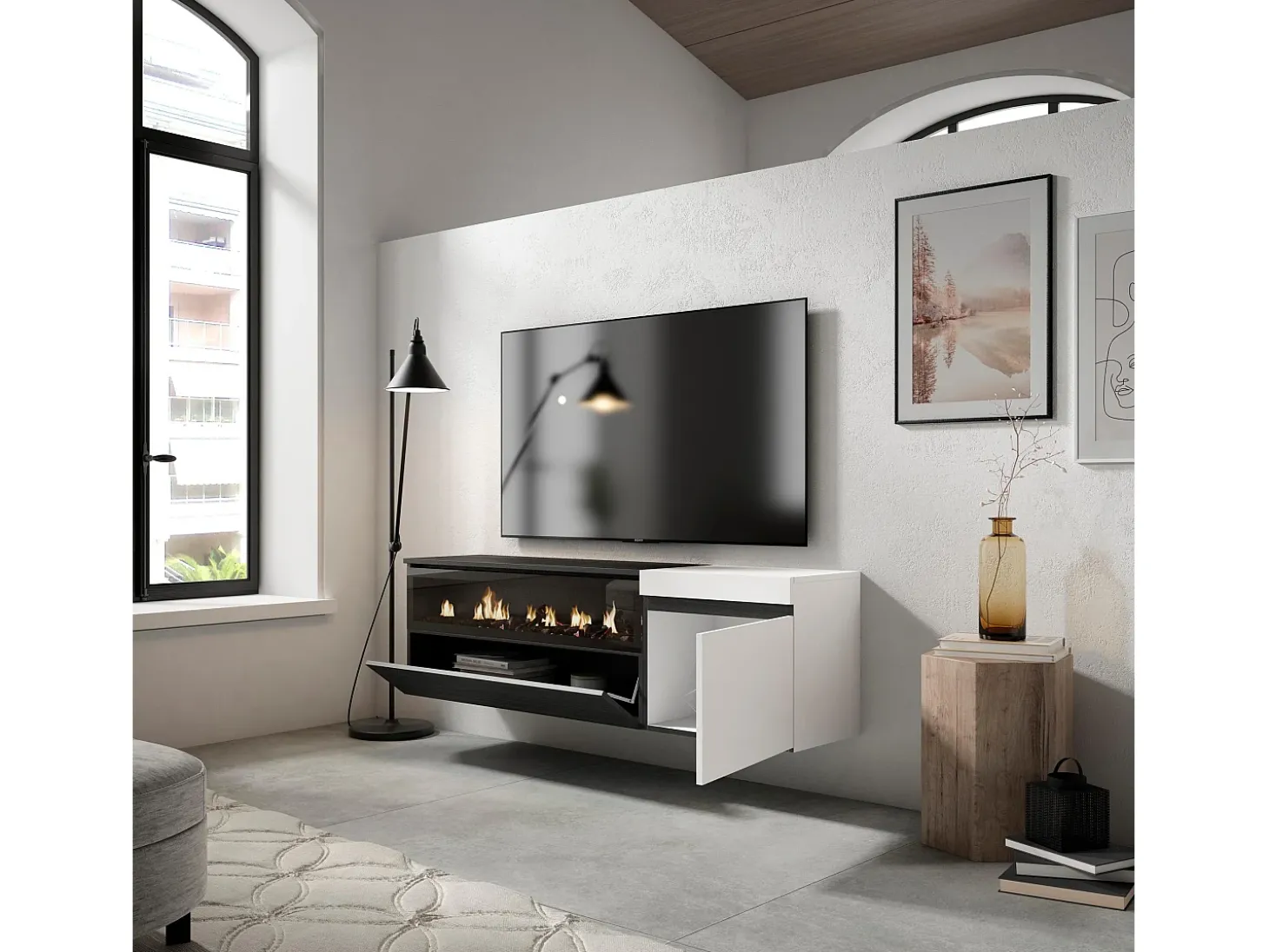 Móvel de TV, 150x35x45cm, Para televisores até 65", Lareira eléctrica, Suspensos, Branco e preto