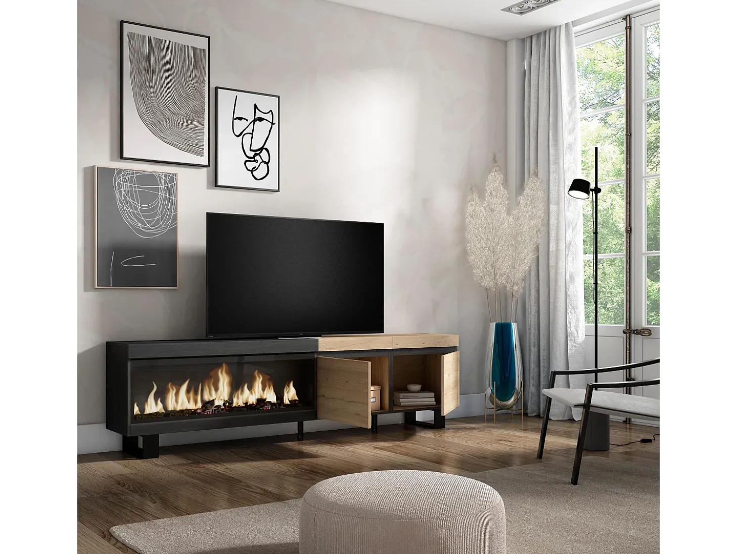 Móvel de TV, 208x35x57cm, Para televisores até 80", Lareira eléctrica XXL, Design industrial, Carvahlo e preto