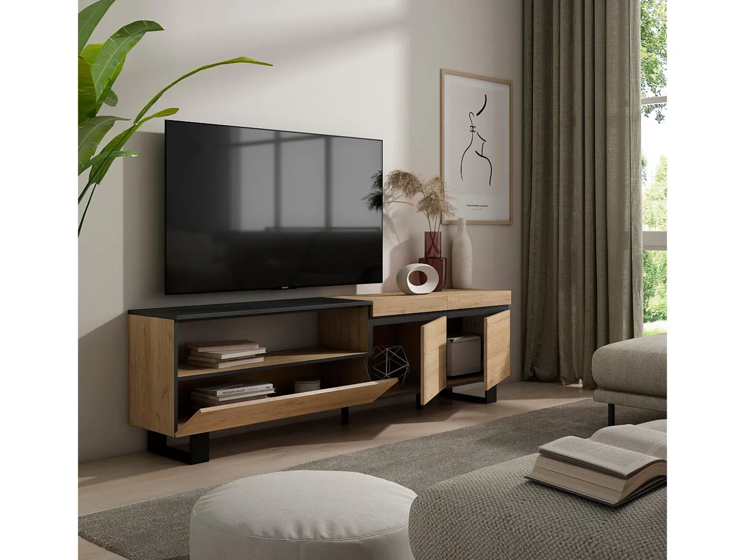 Móvel de TV, 200x35x57cm, Para televisores até 80", Design industrial, Carvahlo e preto