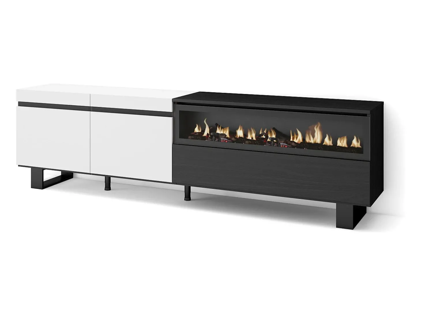 Móvel de TV, 200x35x57cm, Para televisores até 80", Lareira eléctrica, Design industrial, Branco e preto