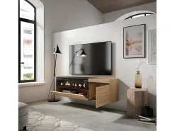 Móvel de TV, 150x35x45cm, Para televisores até 65", Lareira eléctrica, Suspensos, Carvahlo e preto
