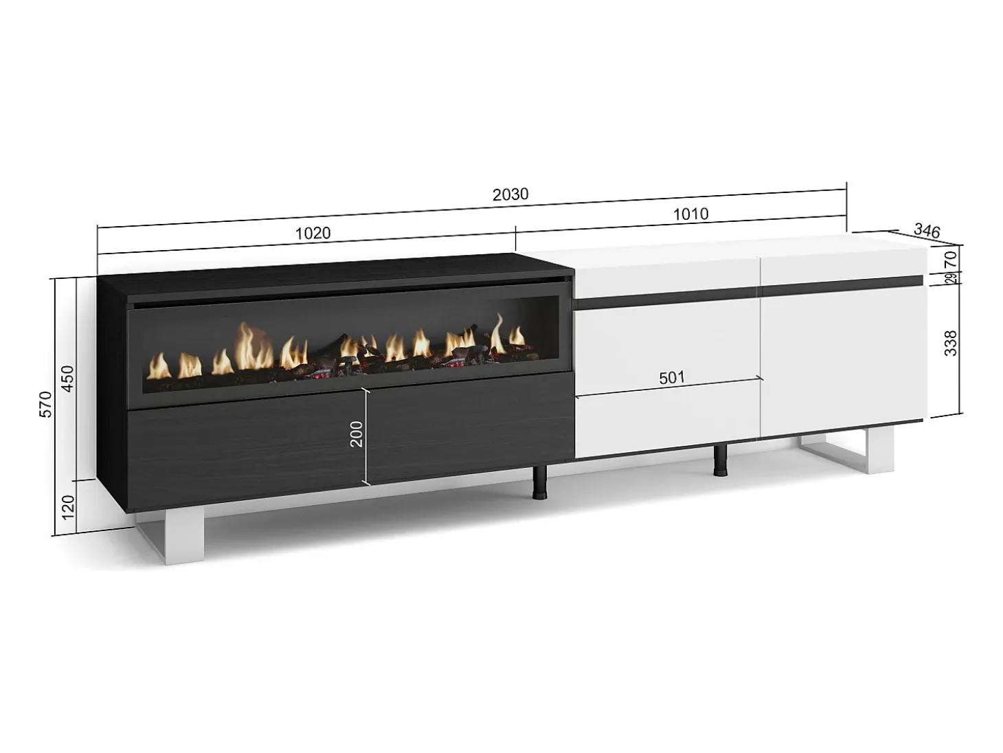 Móvel de TV, 200x35x57cm, Para televisores até 80", Lareira eléctrica, Design industrial, Branco e preto
