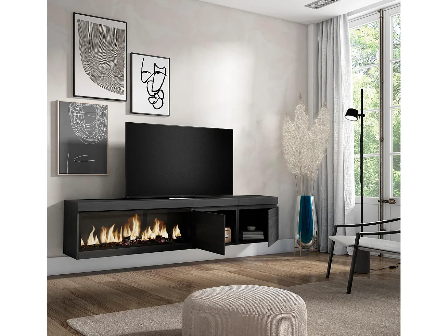 Móvel de TV, 208x35x45cm, Para televisores até 80", Lareira eléctrica XXL, Suspensos, Preto