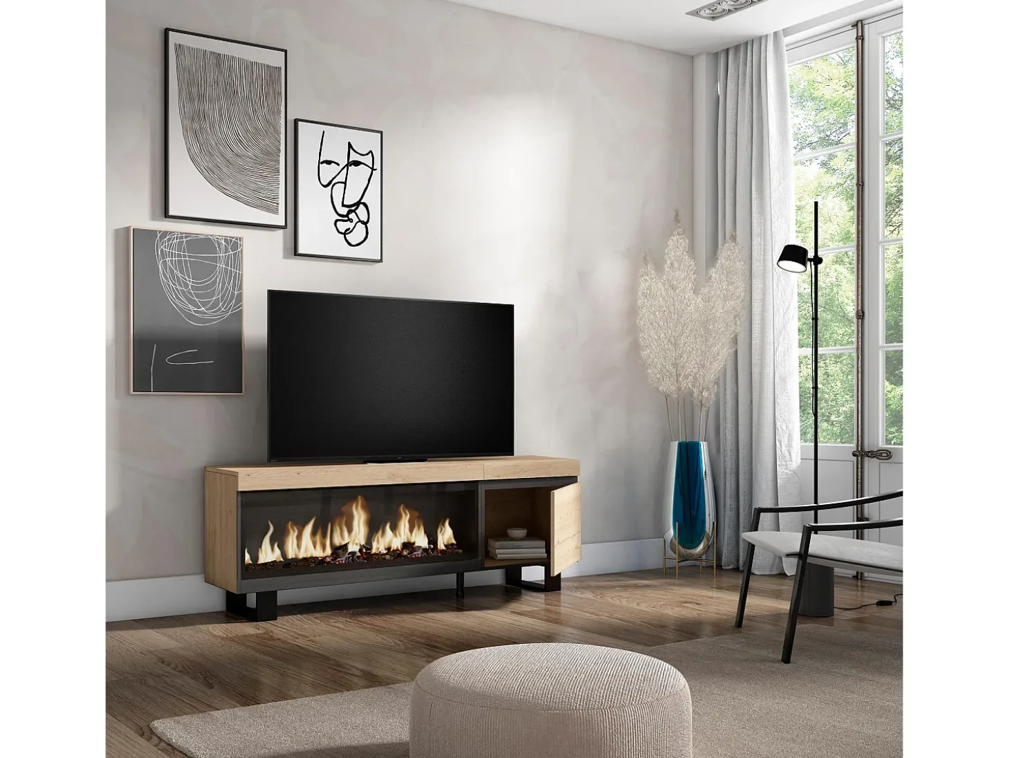 Móvel de TV, 158x35x57cm, Para televisores até 65", Lareira eléctrica XXL, Design industrial, Carvahlo
