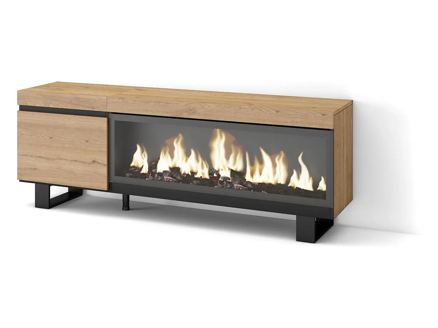 Móvel de TV, 158x35x57cm, Para televisores até 65", Lareira eléctrica XXL, Design industrial, Carvahlo