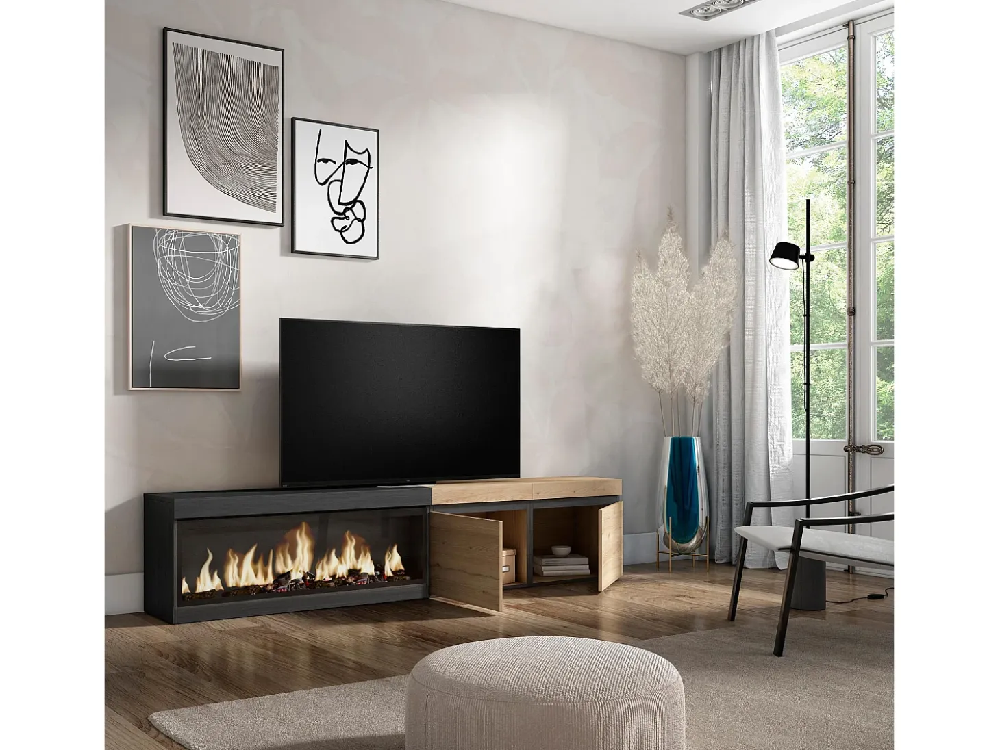 Móvel de TV, 208x35x45cm, Para televisores até 80", Lareira eléctrica XXL, Carvahlo e preto