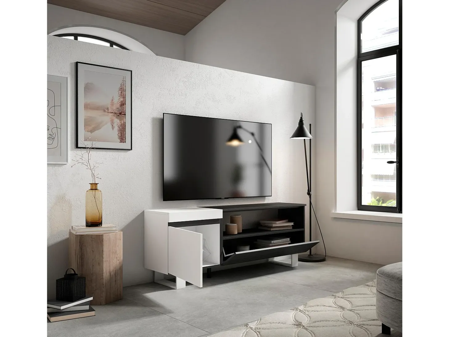 Móvel de TV, 150x35x57cm, Para televisores até 65", Design industrial, Branco e preto