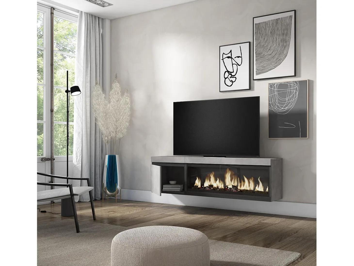Móvel de TV, 158x35x45cm, Para televisores até 65", Lareira eléctrica XXL, Suspensos, Cimento