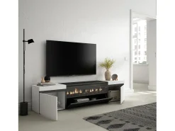 Móvel de TV, 200x45x35cm, Para televisores até 80", Lareira eléctrica, Branco e preto