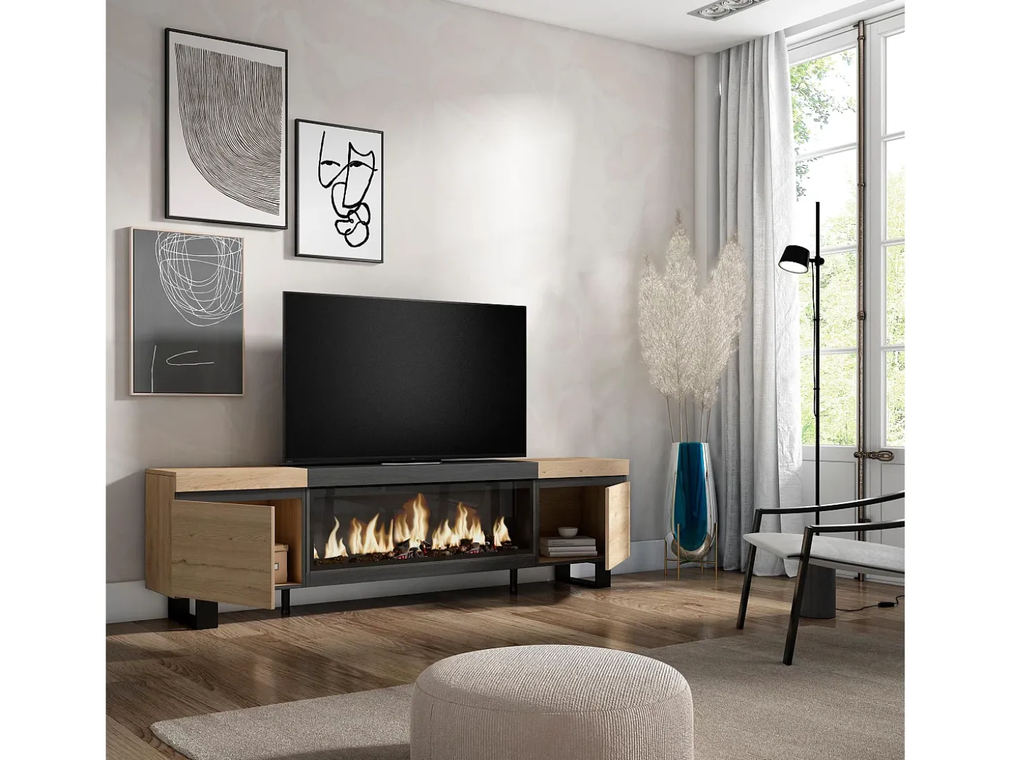 Móvel de TV, 208x35x57cm, Para televisores até 80", Lareira eléctrica XXL, Design industrial, Carvahlo e preto