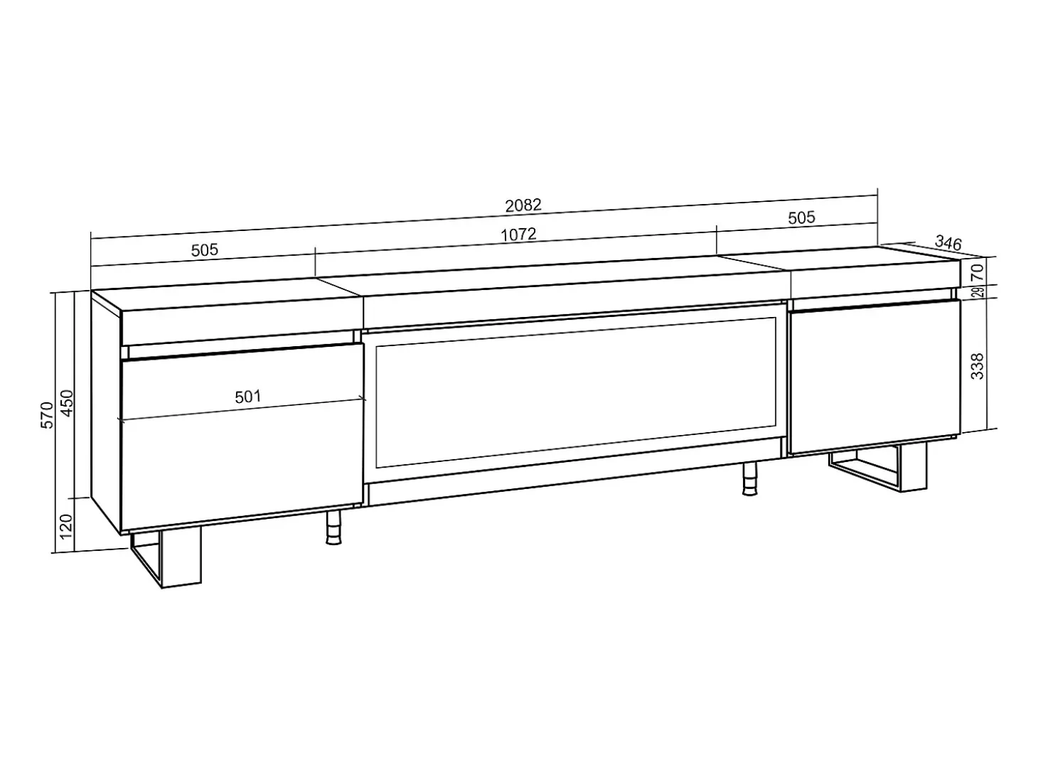 Móvel de TV, 208x35x57cm, Para televisores até 80", Lareira eléctrica XXL, Design industrial, Carvahlo e preto