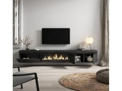 Móvel de TV, 288x35x45cm, TV de grande formato, Lareira eléctrica XXL, Suspensos, Preto