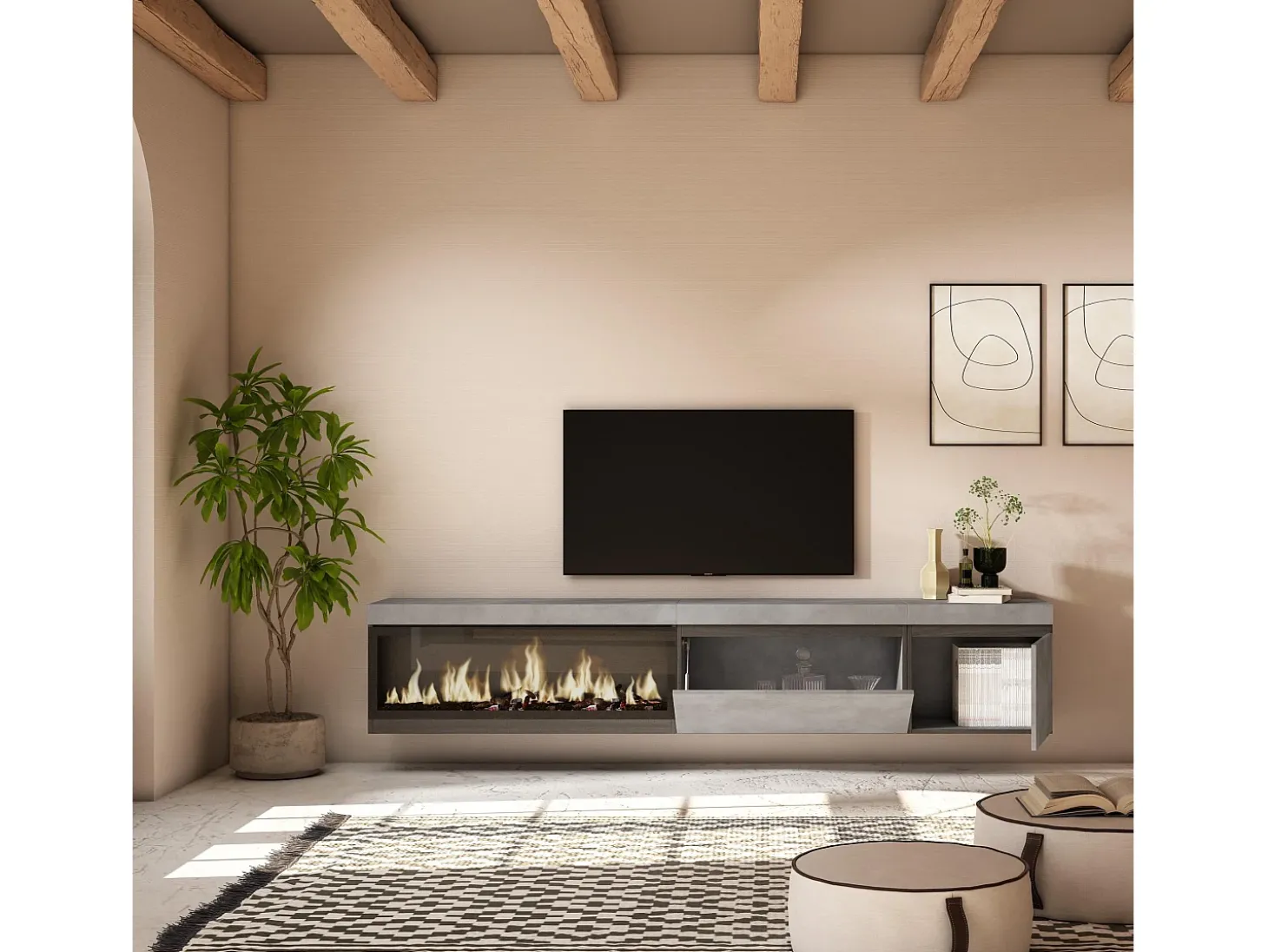 Móvel de TV, 237x35x45cm, TV de grande formato, Lareira eléctrica XXL, Suspensos, Cimento