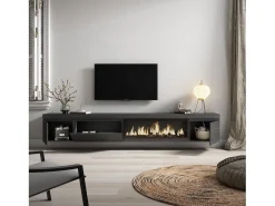 Móvel de TV, 288x35x45cm, TV de grande formato, Lareira eléctrica XXL, Suspensos, Preto