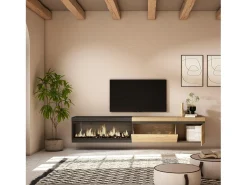 Móvel de TV, 237x35x45cm, TV de grande formato, Lareira eléctrica XXL, Suspensos, Carvahlo e preto