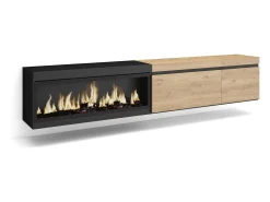 Móvel de TV, 237x35x45cm, TV de grande formato, Lareira eléctrica XXL, Suspensos, Carvahlo e preto