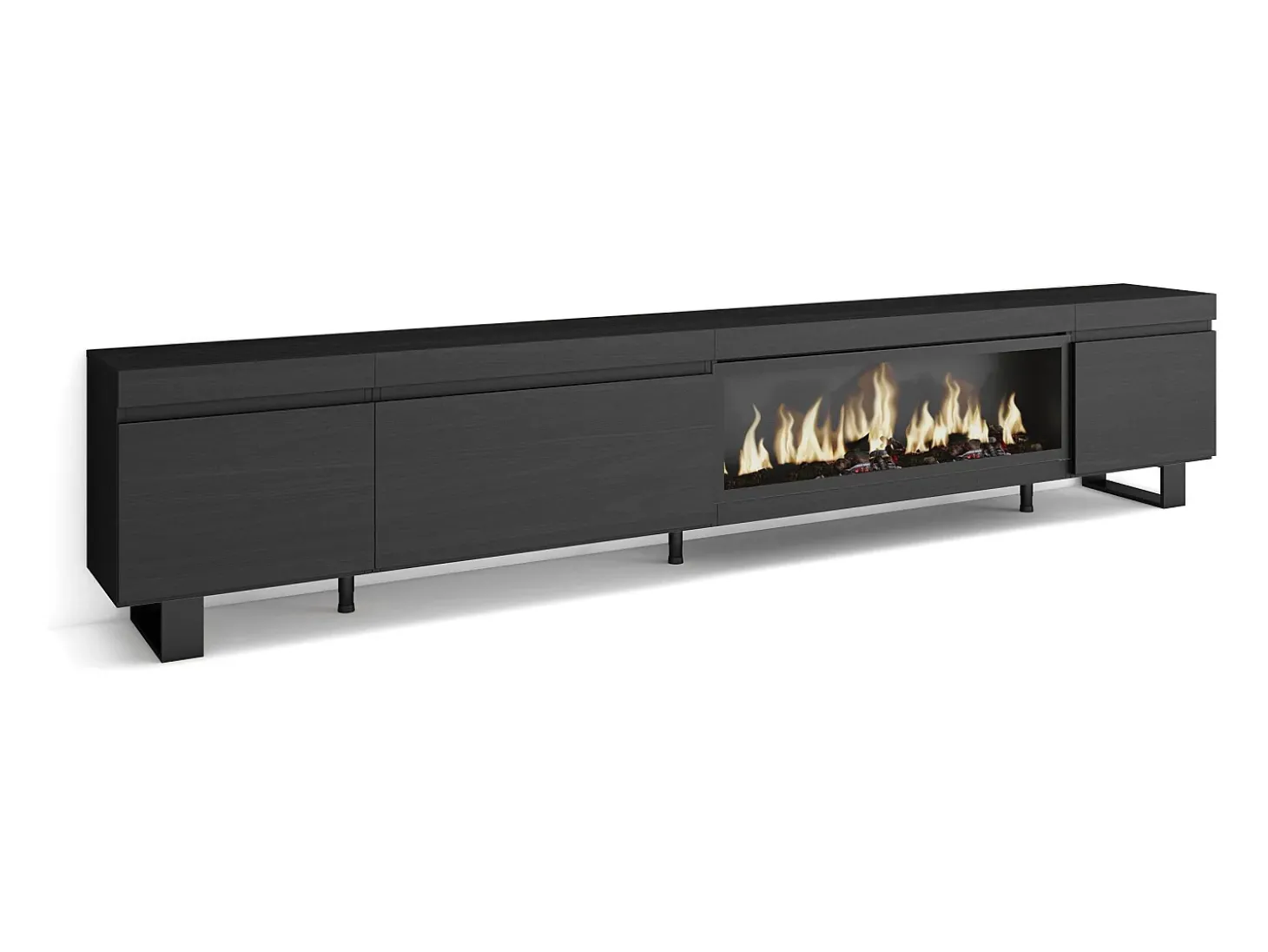 Móvel de TV, 288x35x57cm, TV de grande formato, Lareira eléctrica XXL, Design industrial, Preto