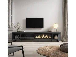 Móvel de TV, 288x35x57cm, TV de grande formato, Lareira eléctrica XXL, Design industrial, Preto