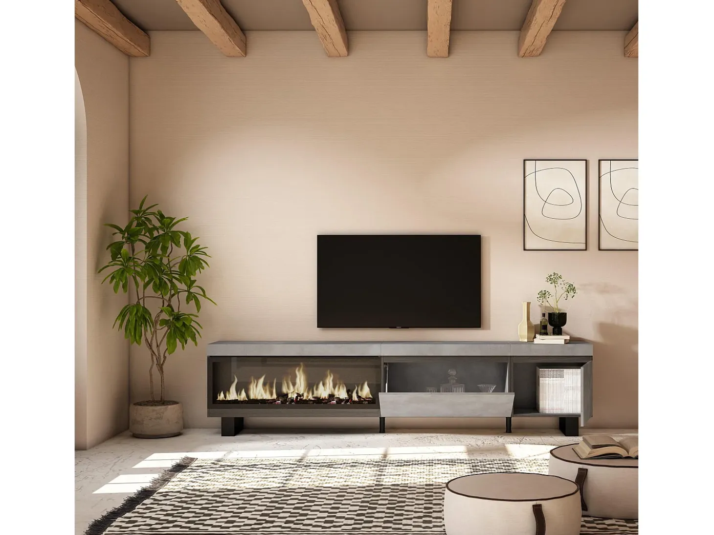 Móvel de TV, 237x35x57cm, TV de grande formato, Lareira eléctrica XXL, Design industrial, Cimento