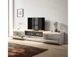 Móvel de TV, 260x35x45cm, TV de grande formato, Lareira eléctrica, Branco e Carvalho soft