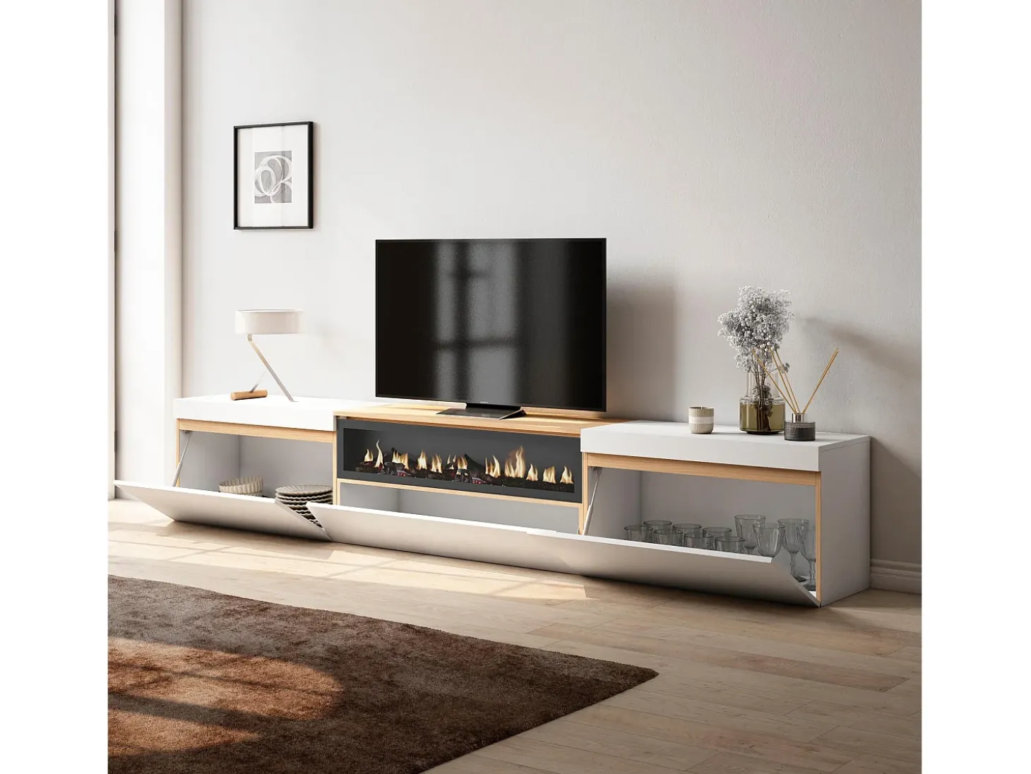 Móvel de TV, 260x35x45cm, TV de grande formato, Lareira eléctrica, Branco e Carvalho soft
