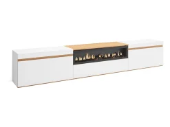 Móvel de TV, 260x35x45cm, TV de grande formato, Lareira eléctrica, Branco e Carvalho soft