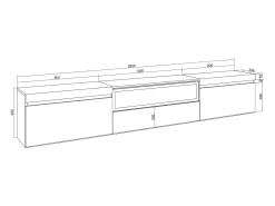 Móvel de TV, 260x35x45cm, TV de grande formato, Lareira eléctrica, Branco e Carvalho soft