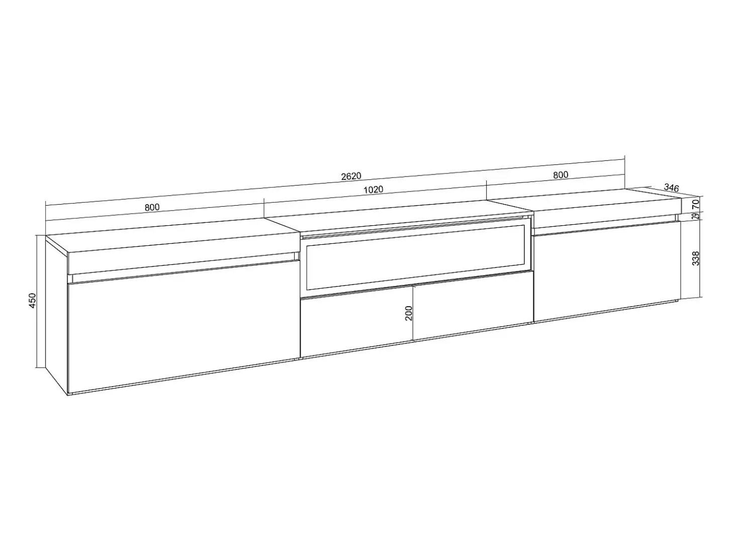Móvel de TV, 260x35x45cm, TV de grande formato, Lareira eléctrica, Branco e Carvalho soft