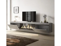Móvel de TV, 267x35x45cm, TV de grande formato, Lareira eléctrica XXL, Suspensos, Cimento